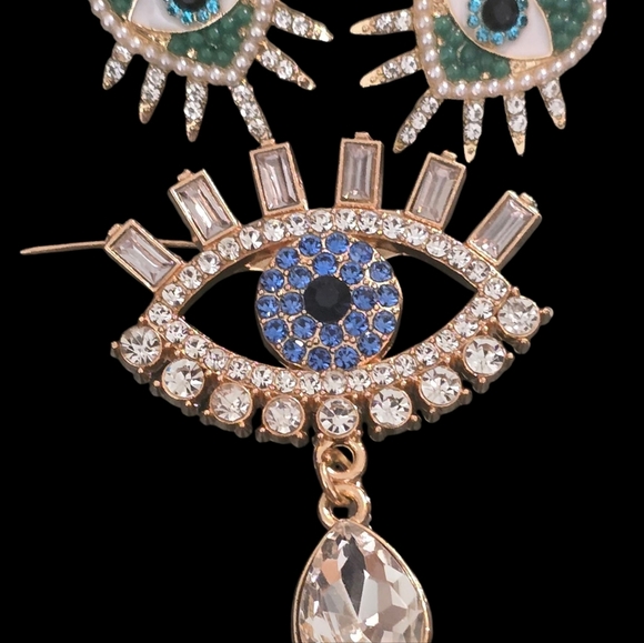 Contemporary Blue and Gold Evil Eye Brooch Set - Picture 4 of 4